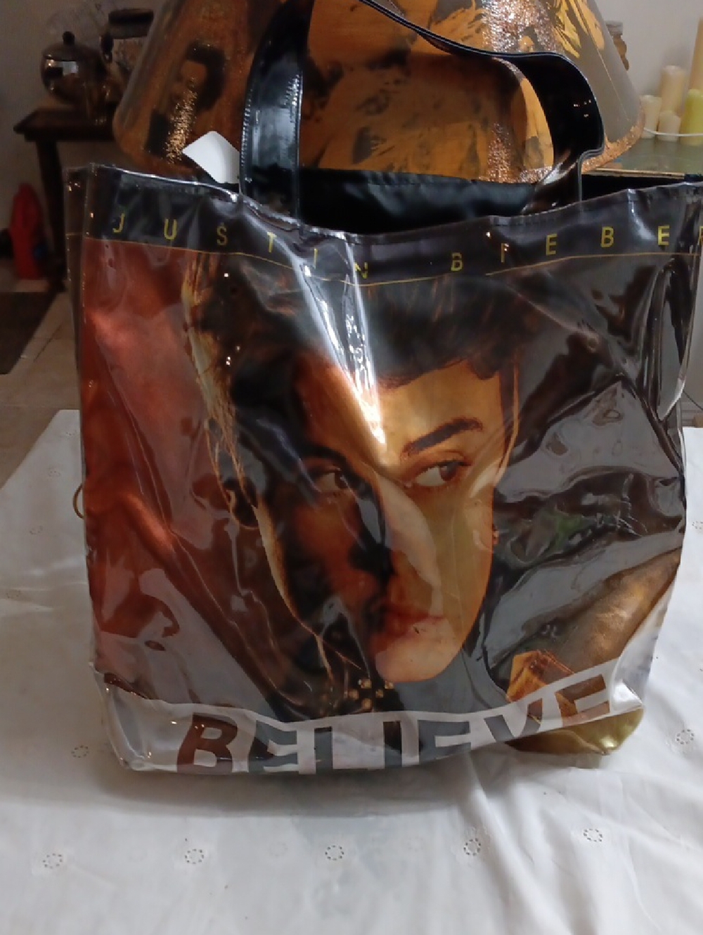 Transparent Graphic Tote with Portrait and 'BELIEVE' Text